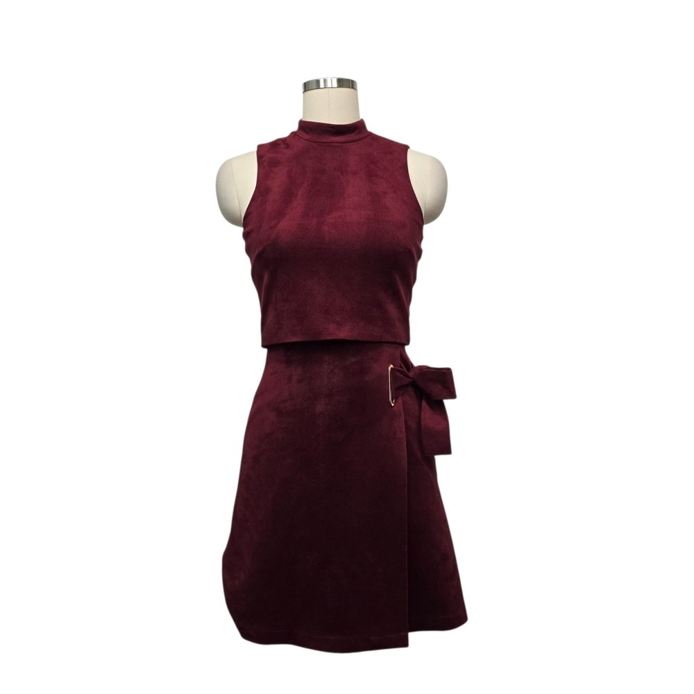 Antonio Melani Burgundy Faux Suede Mock Neck Bow Mini Dress Size 0